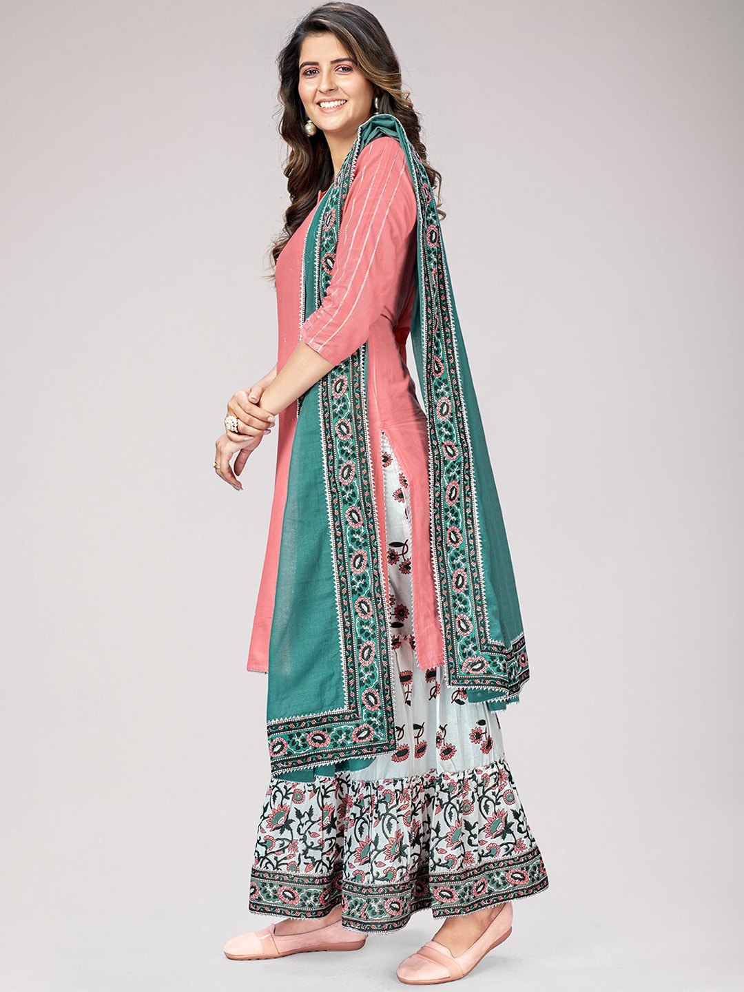 Kalini Women Pink Ethnic Motifs Layered Sequinned Pure Cotton Kurta with Skirt & With Dupatta - Distacart