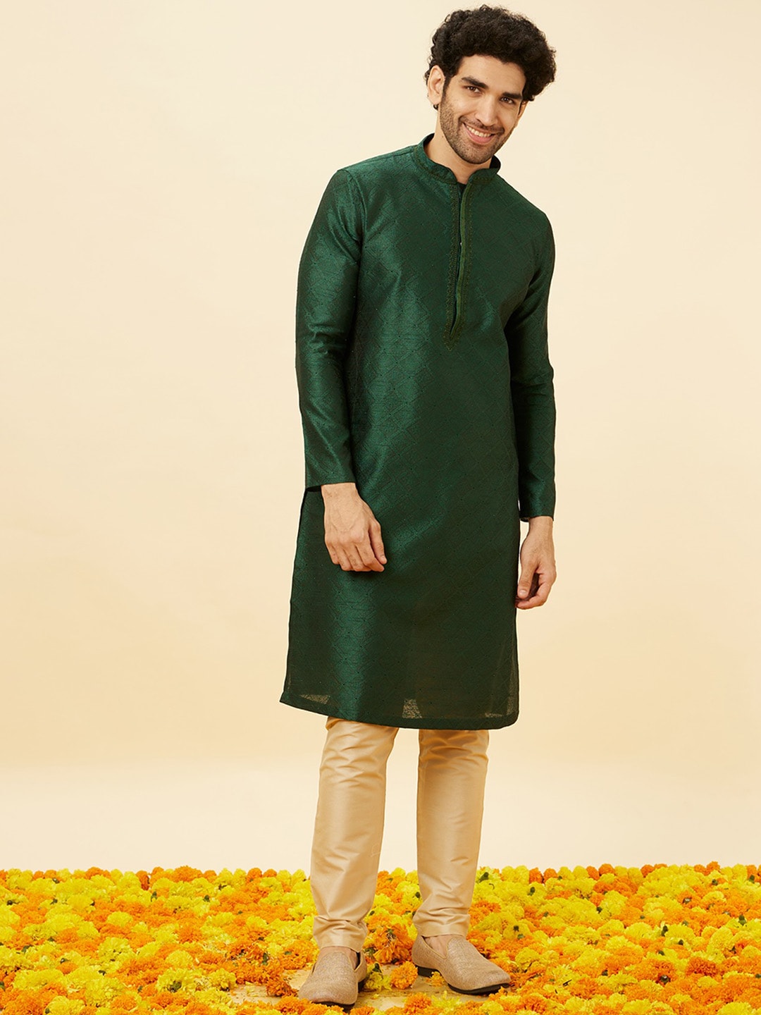 Manyavar Geometric Self Design Mandarin Collar Straight Kurta with Pyjamas - Distacart