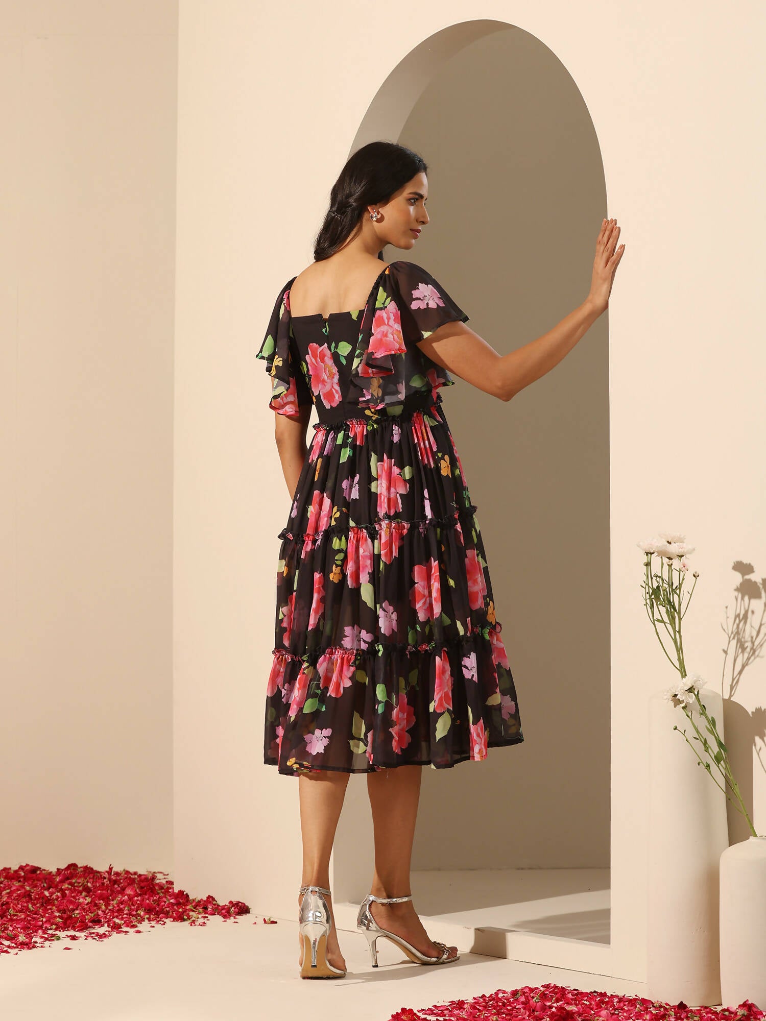 Pomcha Jaipur Black Gul Gulabi Phool 3 Tiered Dress - Distacart