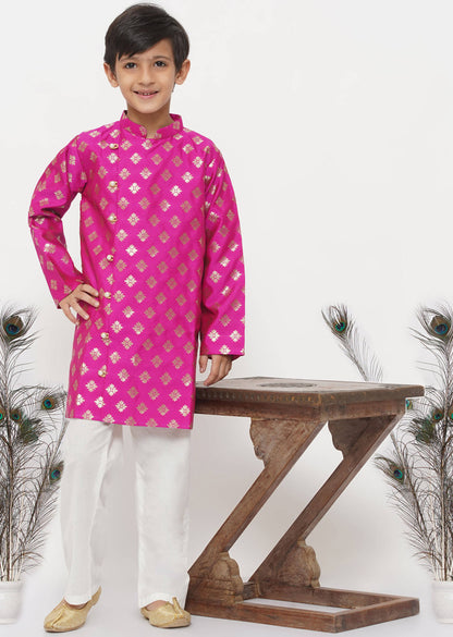 Little Bansi Banarsi Silk Sherwani & Pyjama - Magenta & Cream - Distacart