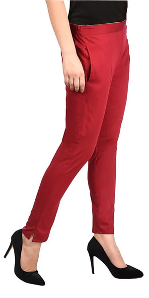 PAVONINE Maroon Color Stretchable Cotton Lycra Fabric Pencil Pant For Women - Distacart