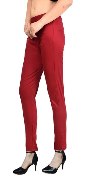 PAVONINE Maroon Color Stretchable Cotton Lycra Fabric Pencil Pant For Women - Distacart