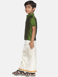 Thumbnail for Sethukrishna Boys Green Shirt & Cream-Coloured & Zari Border Veshti Set - Distacart