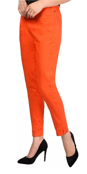 PAVONINE Orange Color Stretchable Cotton Lycra Fabric Pencil Pant For Women - Distacart