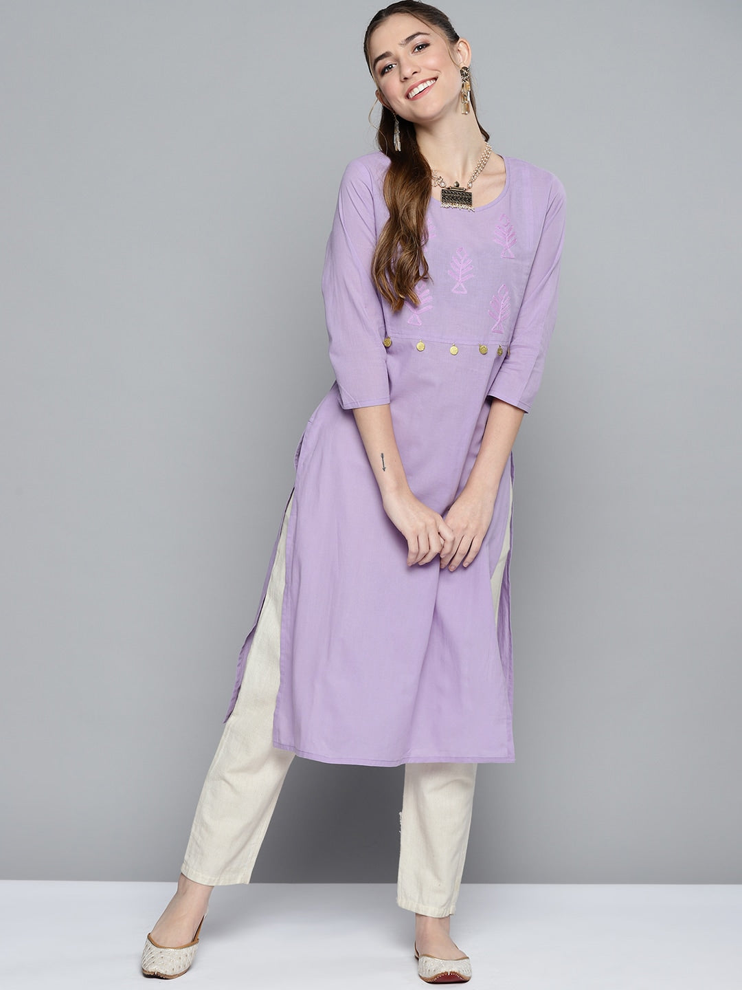 HERE&NOW Women Lavender Yoke Design Pure Cotton Thread Work Straight Kurta - Distacart
