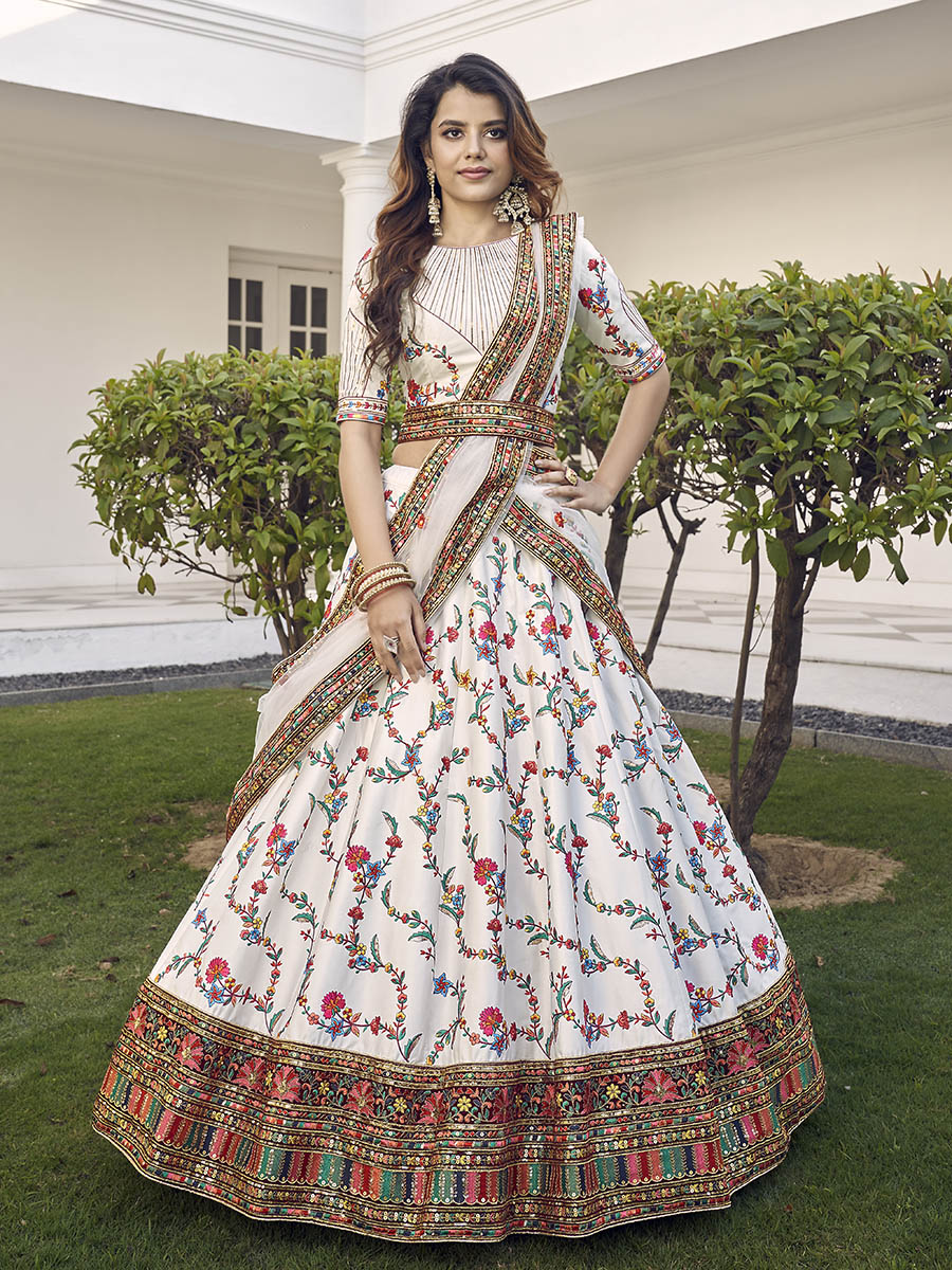 Myra White Silk Heavy Embroidered Lehenga - Distacart