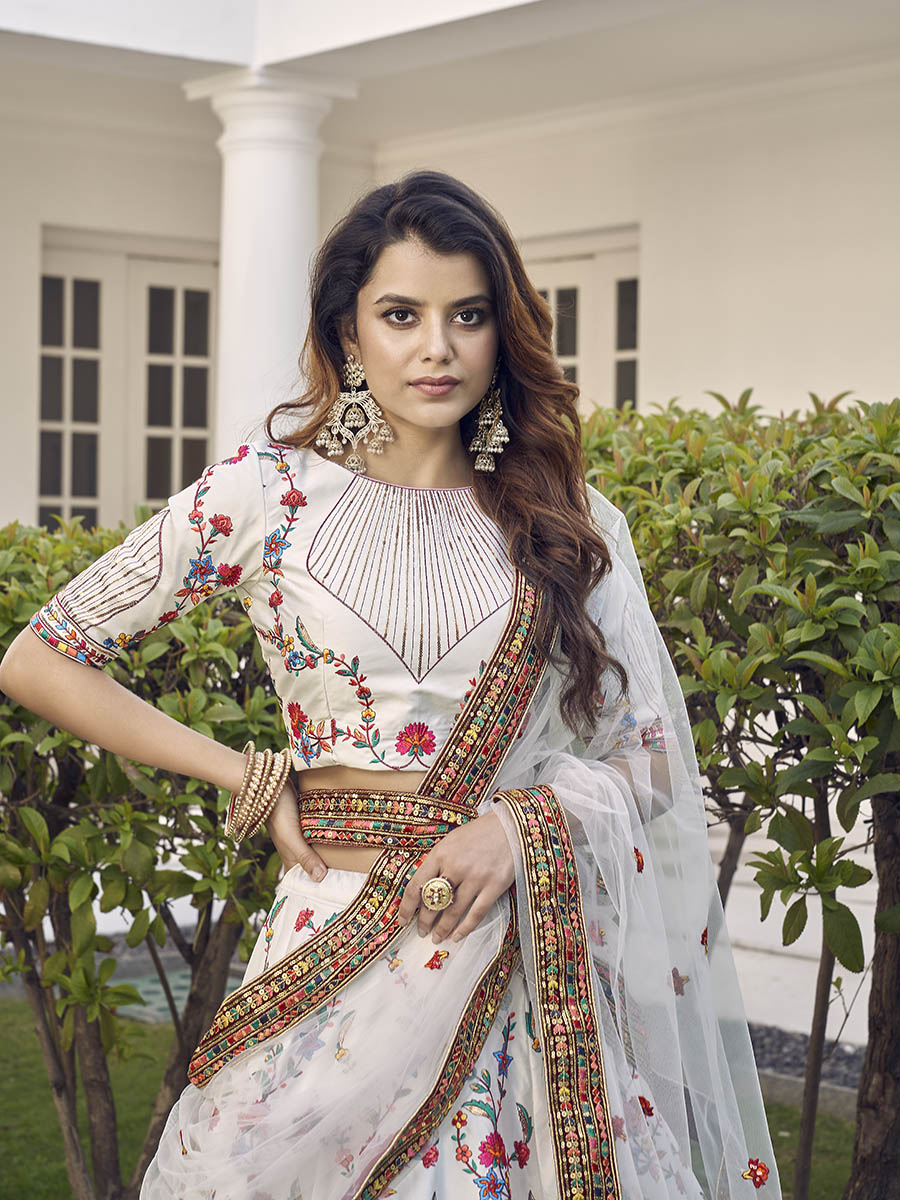 Myra White Silk Heavy Embroidered Lehenga - Distacart
