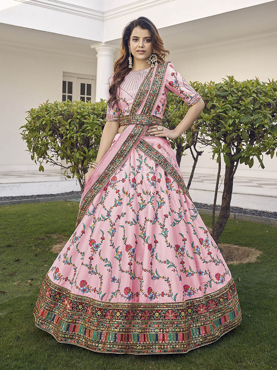Myra Pink Silk Heavy Embroidered Lehenga - Distacart