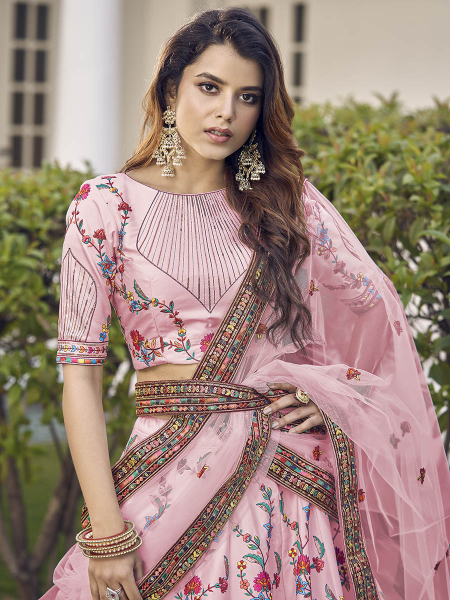Myra Pink Silk Heavy Embroidered Lehenga - Distacart