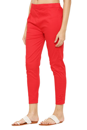 PAVONINE Red Color Stretchable Cotton Lycra Fabric Pencil Pant For Women - Distacart