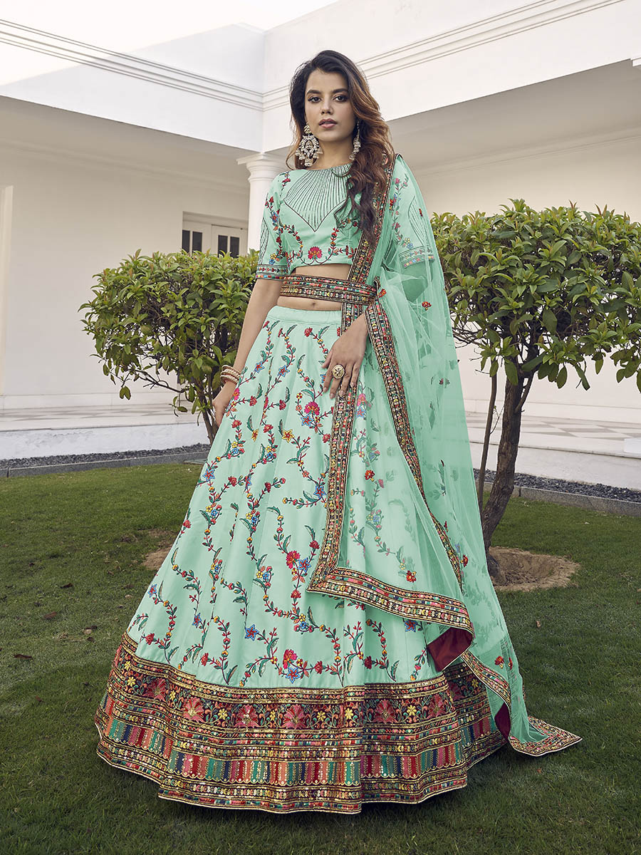 Myra Pista Green Silk Heavy Embroidered Lehenga - Distacart