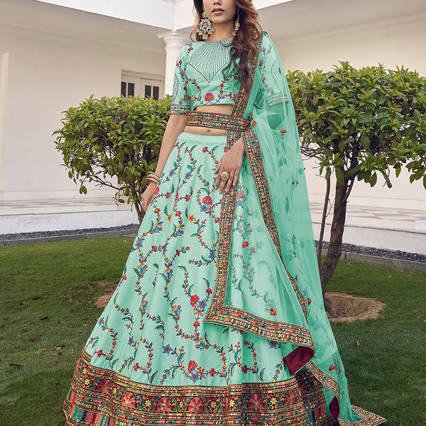 Myra Pista Green Silk Heavy Embroidered Lehenga - Distacart