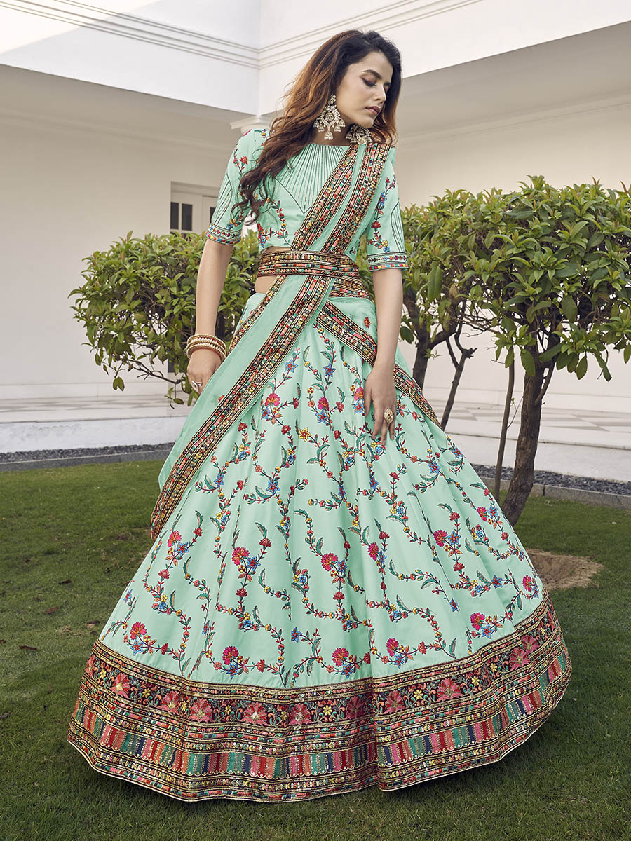 Myra Pista Green Silk Heavy Embroidered Lehenga - Distacart