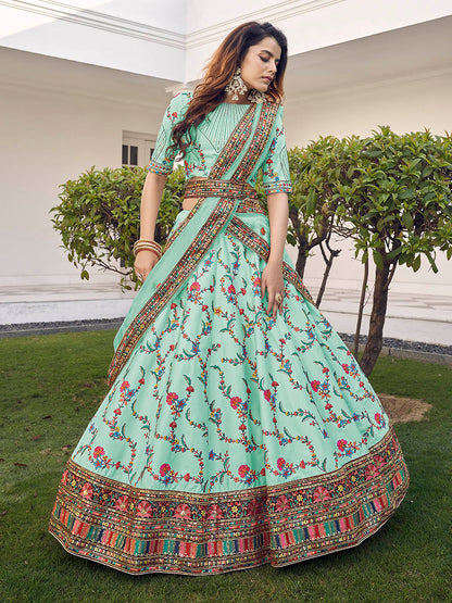 Myra Pista Green Silk Heavy Embroidered Lehenga - Distacart