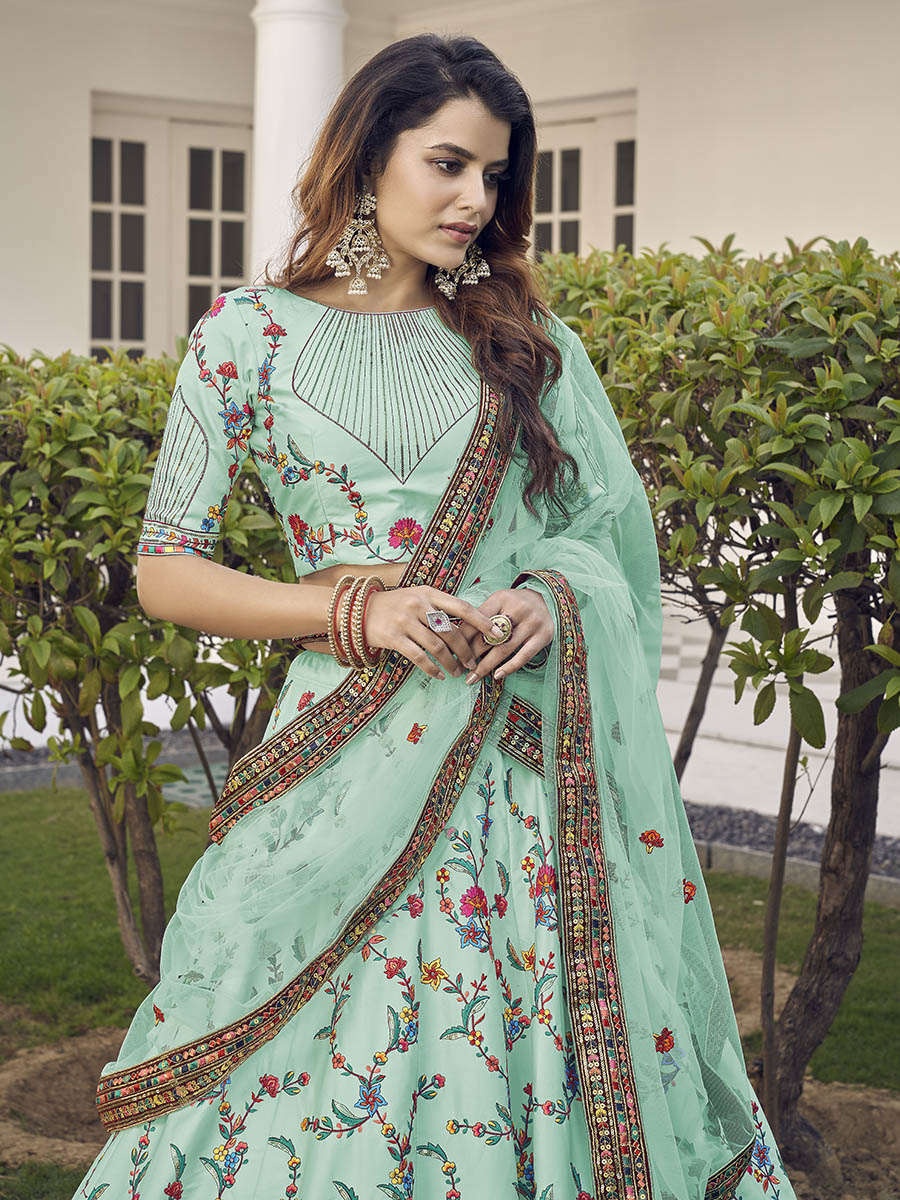 Myra Pista Green Silk Heavy Embroidered Lehenga - Distacart
