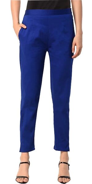 PAVONINE Royal Blue Color Stretchable Cotton Lycra Fabric Pencil Pant For Women - Distacart