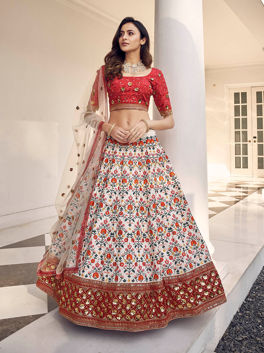 Myra White and Red Art Silk Heavy Embroidered Lehenga - Distacart