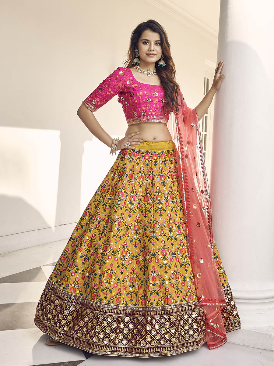 Myra Mustard Yellow and Rani Pink Art Silk Heavy Embroidered Lehenga - Distacart