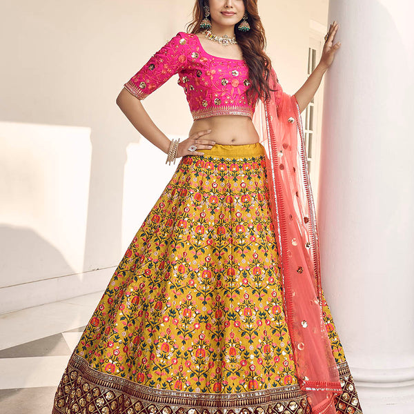 Myra Mustard Yellow and Rani Pink Art Silk Heavy Embroidered Lehenga - Distacart