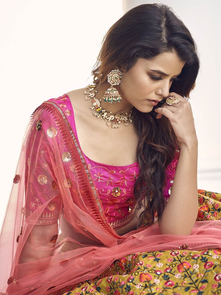 Myra Mustard Yellow and Rani Pink Art Silk Heavy Embroidered Lehenga - Distacart