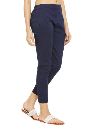 PAVONINE Navy Blue Color Stretchable Cotton Lycra Fabric Pencil Pant For Women - Distacart