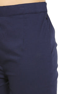 Thumbnail for PAVONINE Navy Blue Color Stretchable Cotton Lycra Fabric Pencil Pant For Women - Distacart