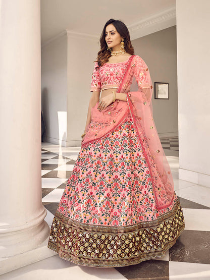 Myra Pink Art Silk Heavy Embroidered Lehenga - Distacart