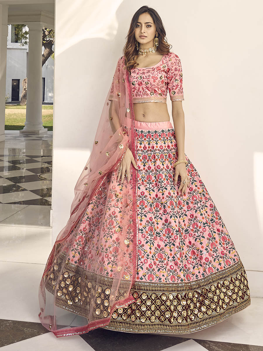 Myra Pink Art Silk Heavy Embroidered Lehenga - Distacart