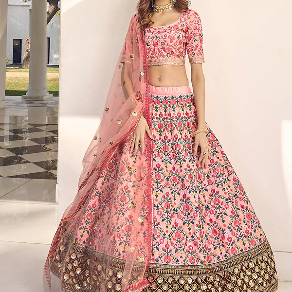 Myra Pink Art Silk Heavy Embroidered Lehenga - Distacart