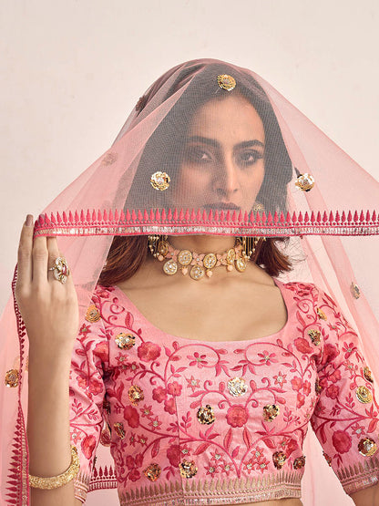 Myra Pink Art Silk Heavy Embroidered Lehenga - Distacart