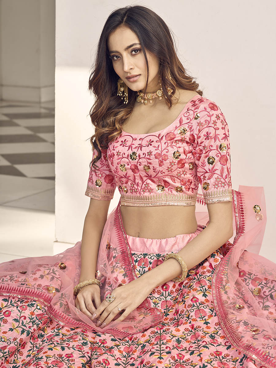 Myra Pink Art Silk Heavy Embroidered Lehenga - Distacart