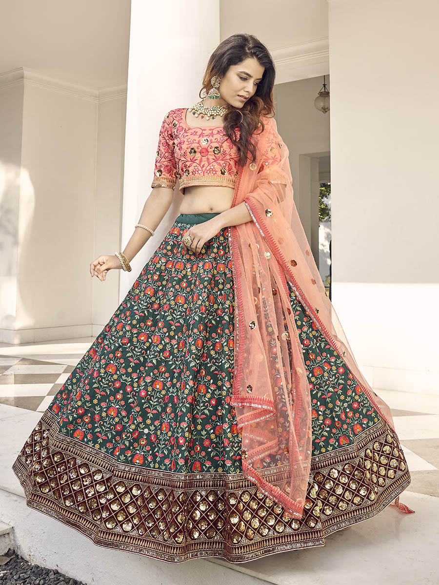 Myra Orange and Green Silk Heavy Embroidered Lehenga - Distacart