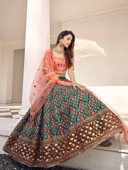 Myra Orange and Green Silk Heavy Embroidered Lehenga - Distacart
