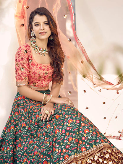 Myra Orange and Green Silk Heavy Embroidered Lehenga - Distacart