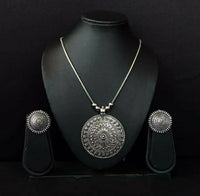Thumbnail for Mominos Fashion Johar Kamal Oxidised Silver-Plated Long Chain with Pendant & Studs For Women - Distacart