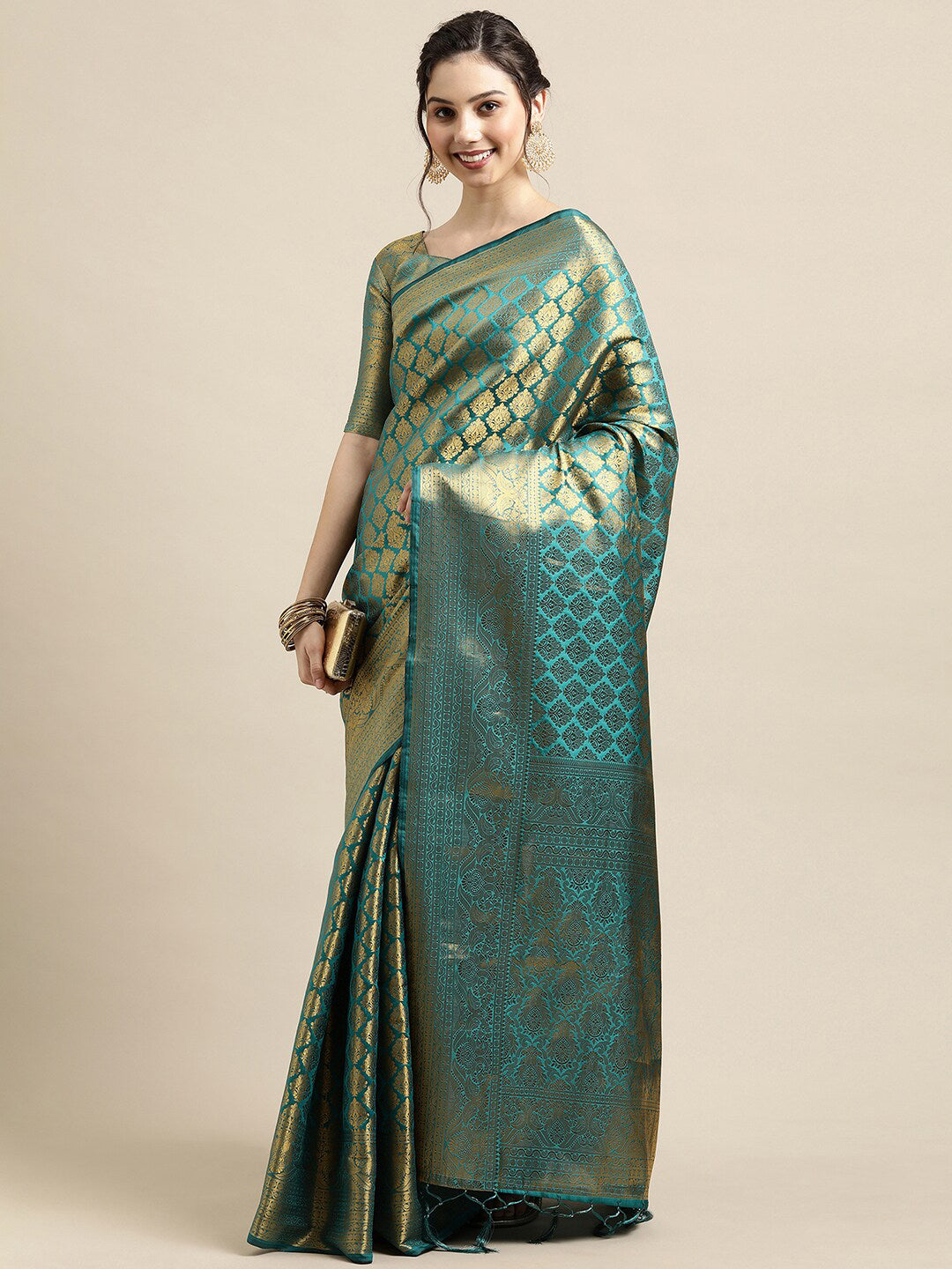 Saree Mall Blue & Gold-Toned Woven Design Zari Silk Blend Banarasi Saree - Distacart