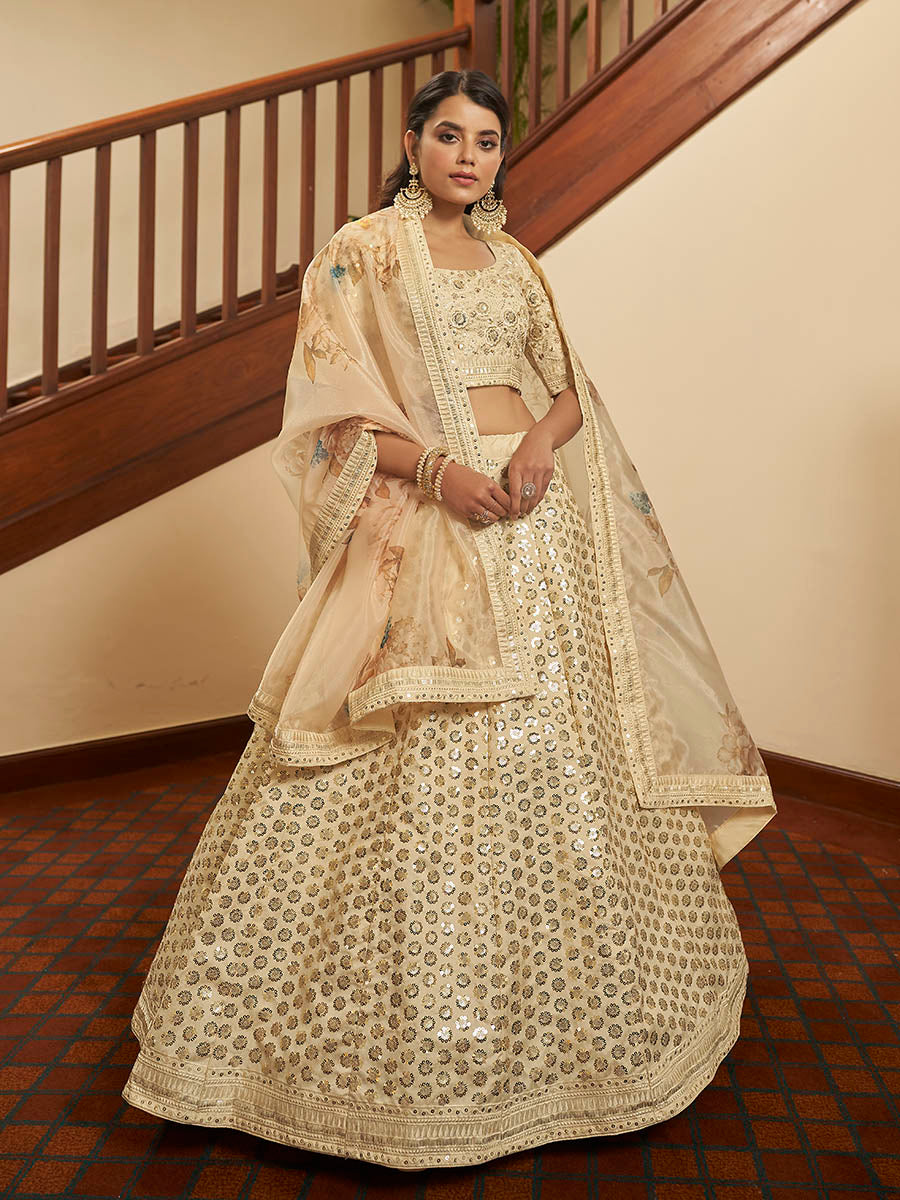 Myra Beige Art Silk Embroidered Designer Lehenga - Distacart