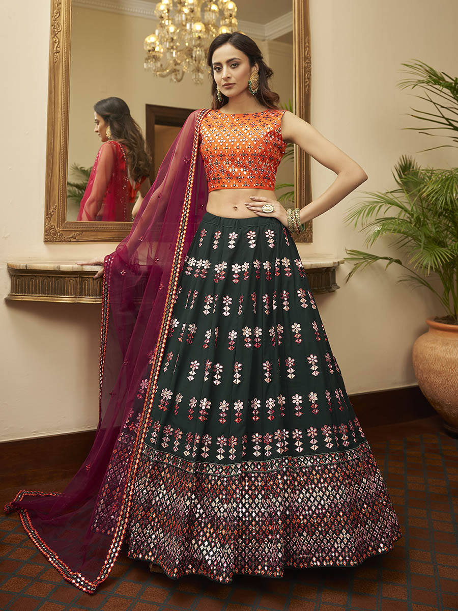Myra Green and Deep Pink Georgette Embroidered Designer Lehenga - Distacart