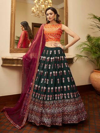 Myra Green and Deep Pink Georgette Embroidered Designer Lehenga - Distacart