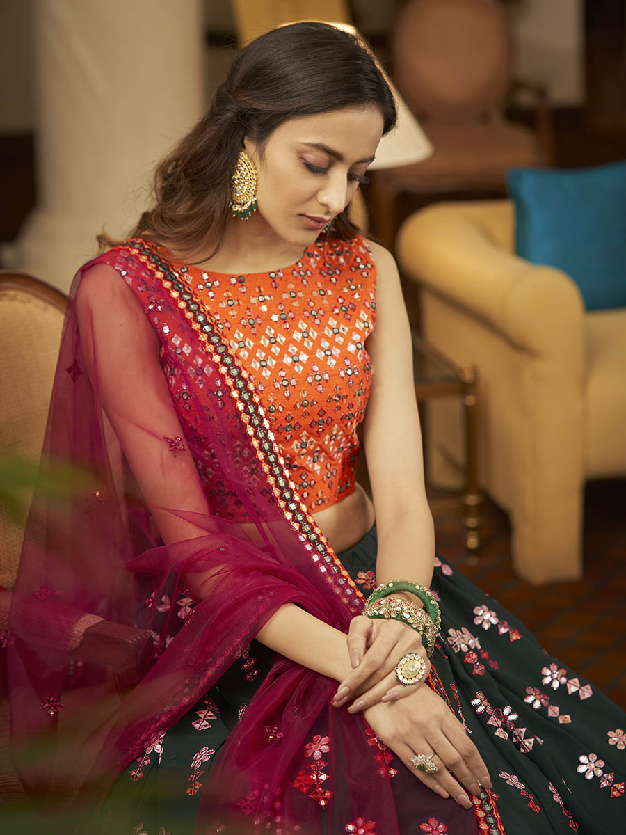 Myra Green and Deep Pink Georgette Embroidered Designer Lehenga - Distacart