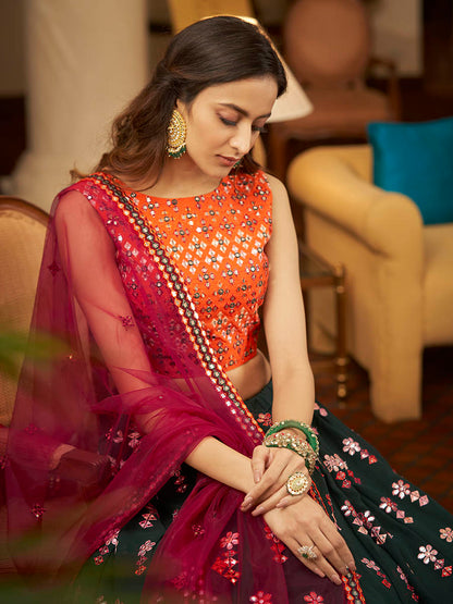 Myra Green and Deep Pink Georgette Embroidered Designer Lehenga - Distacart
