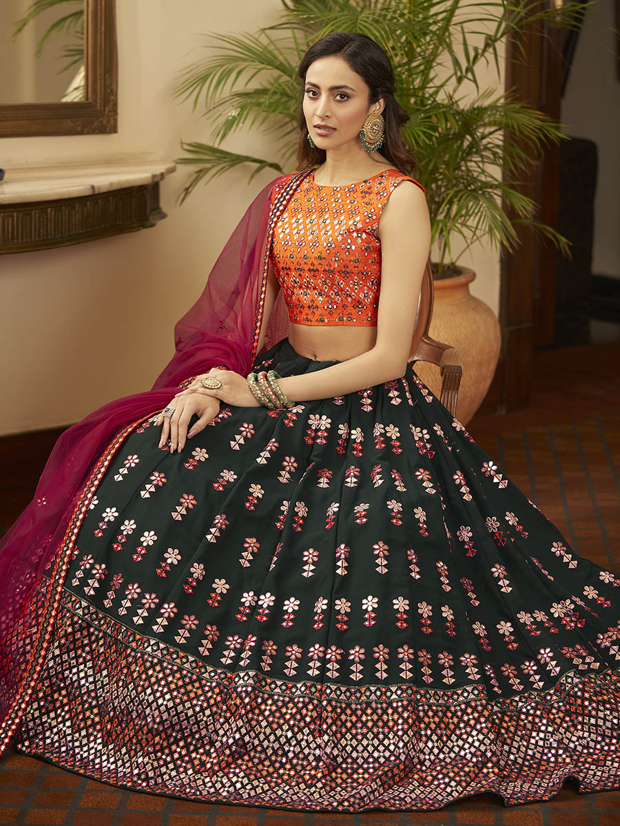 Myra Green and Deep Pink Georgette Embroidered Designer Lehenga - Distacart