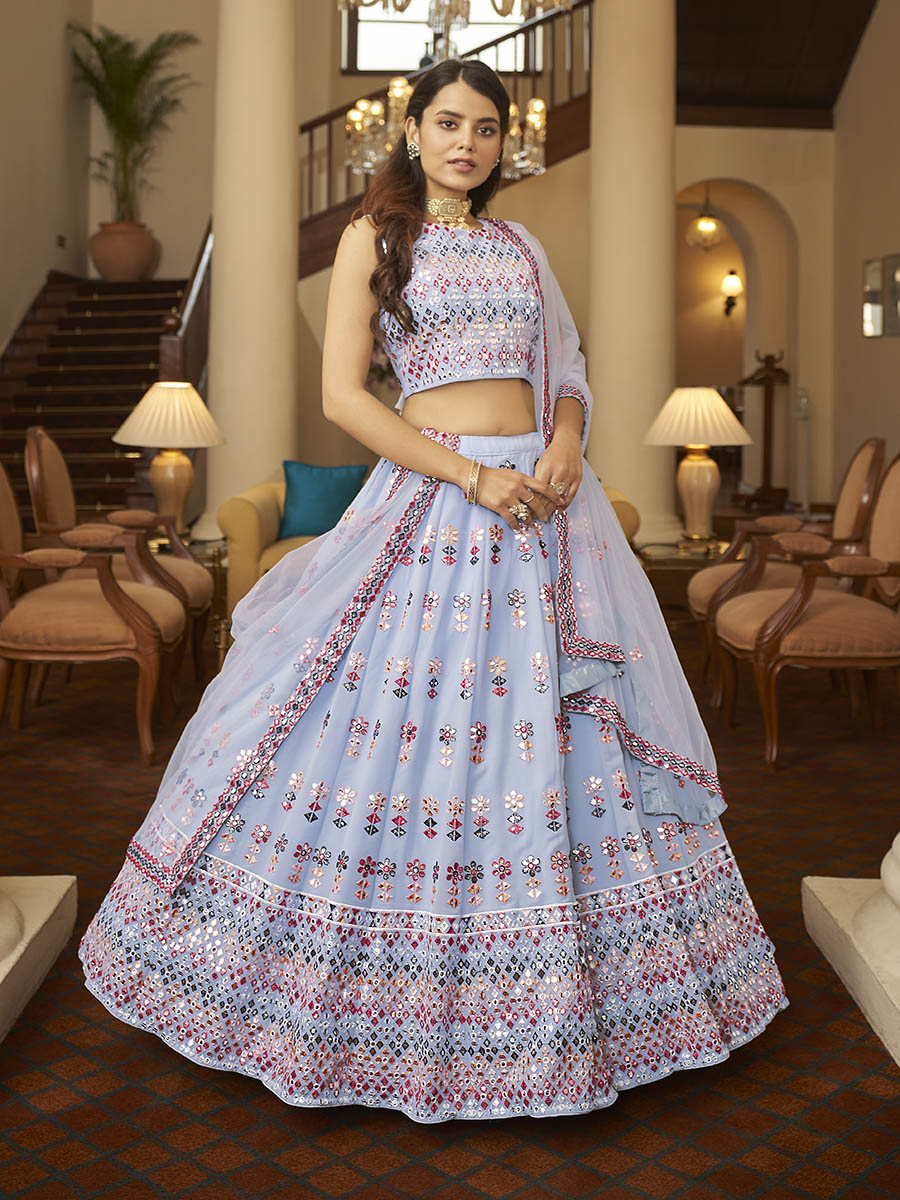Myra Sky Blue Georgette Embroidered Designer Lehenga - Distacart