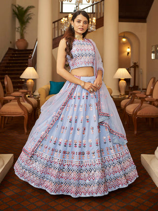 Myra Sky Blue Georgette Embroidered Designer Lehenga - Distacart