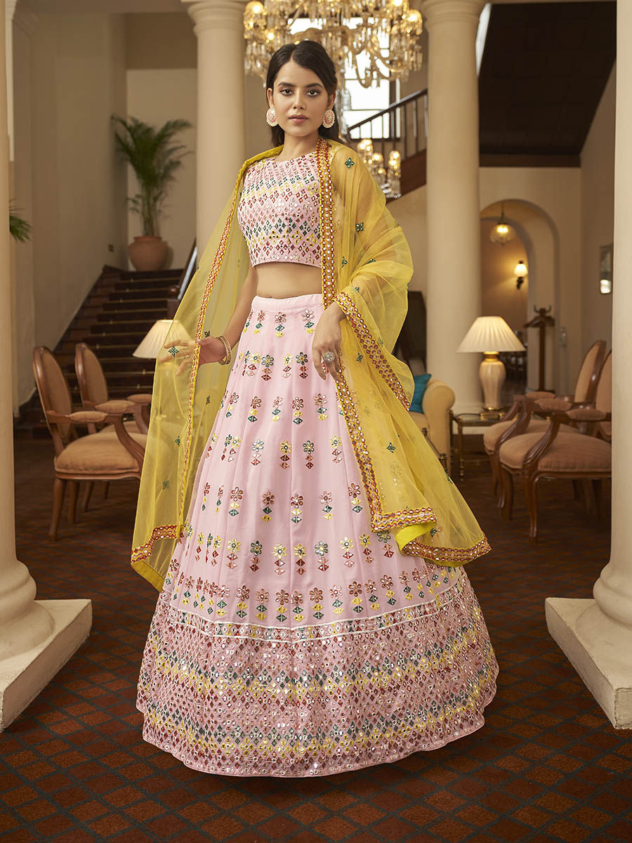 Myra Pink and Yellow Georgette Embroidered Designer Lehenga - Distacart
