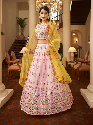 Myra Pink and Yellow Georgette Embroidered Designer Lehenga - Distacart