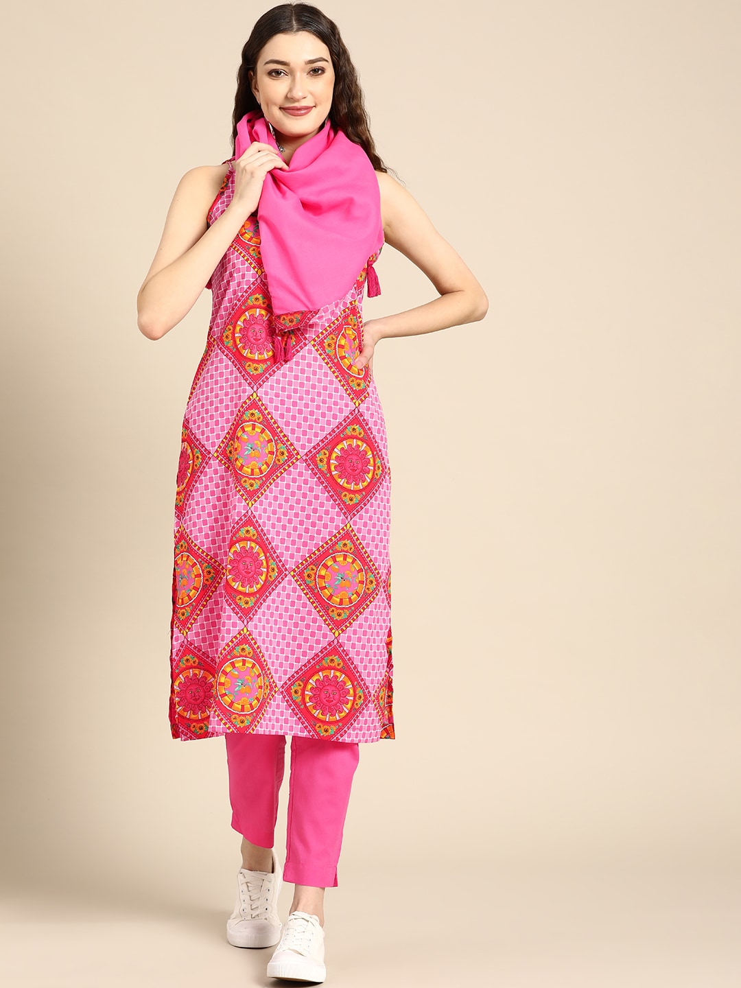 Sangria Women Pink Ethnic Motifs Printed Pure Cotton Kurta with Trousers & Dupatta - Distacart