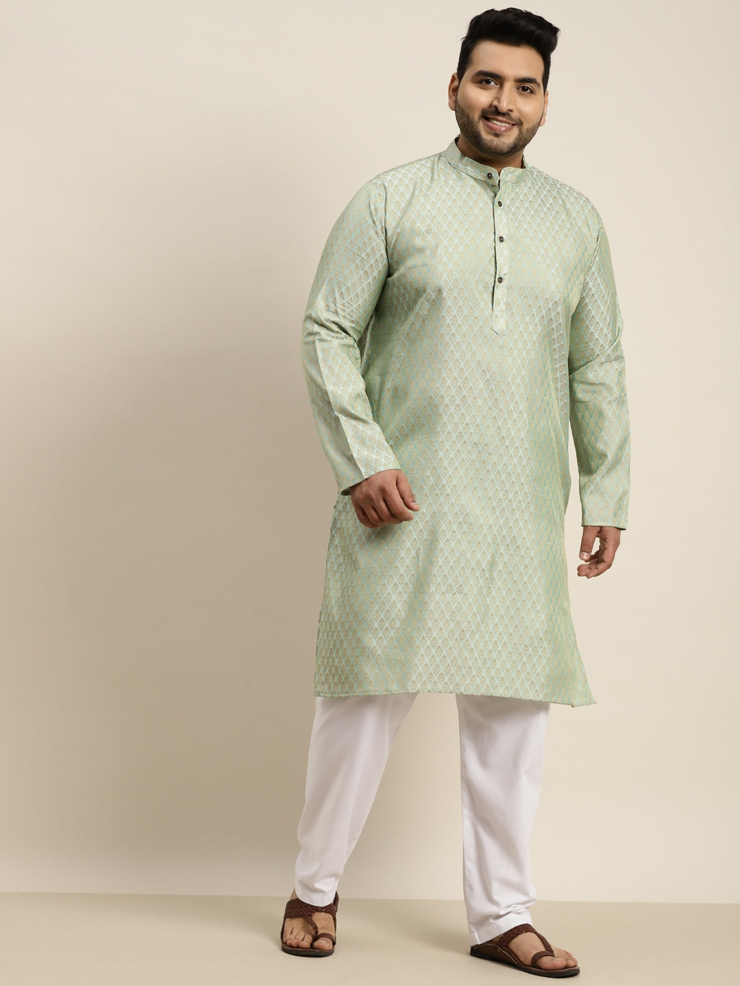 Sojanya Plus Men Green Jacquard Self Design Kurta with Pyjamas - Distacart