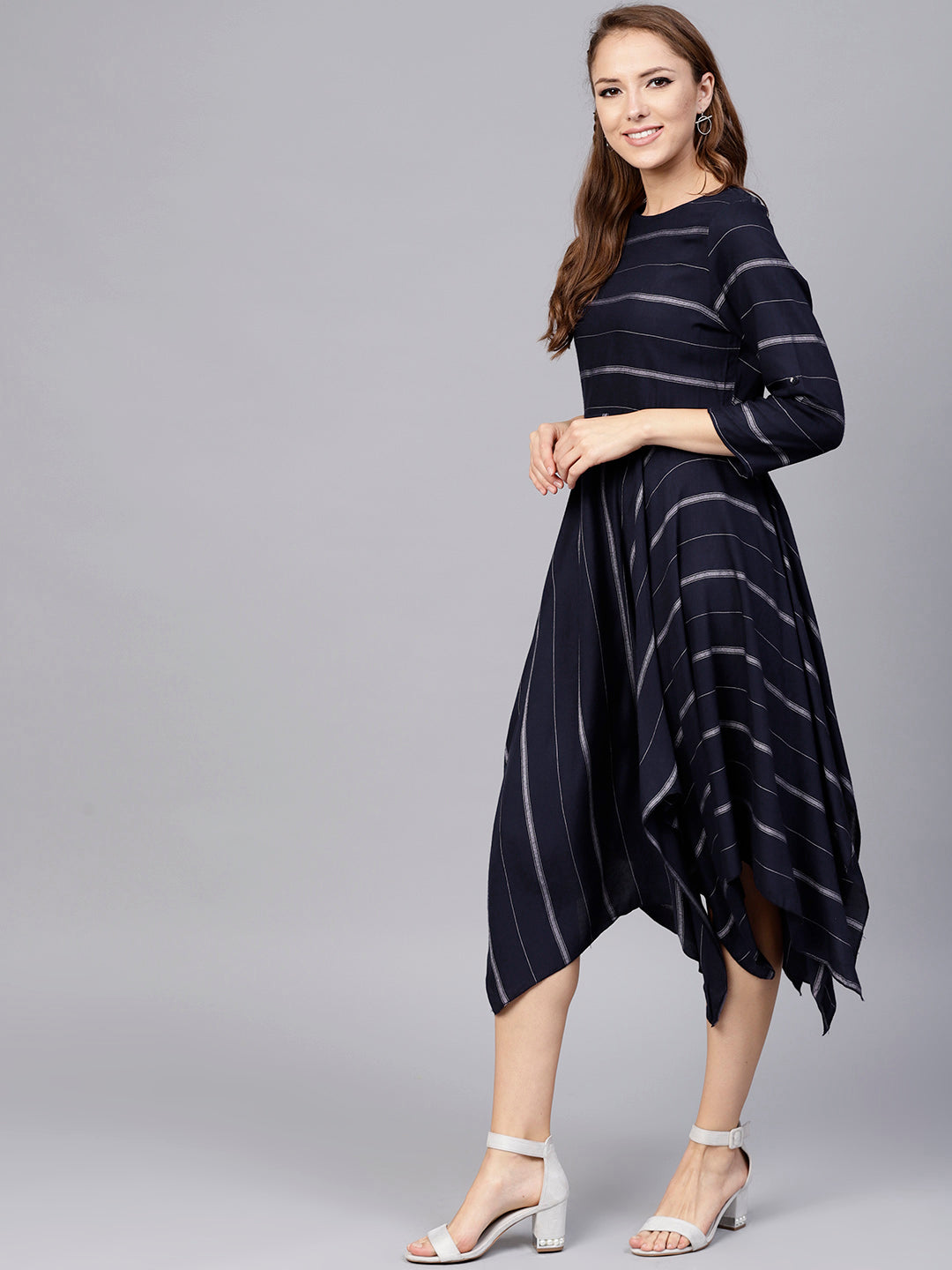 Jaipur Kurti Navy Blue & Off-White Cotton Striped A-Line Women Dress - Distacart