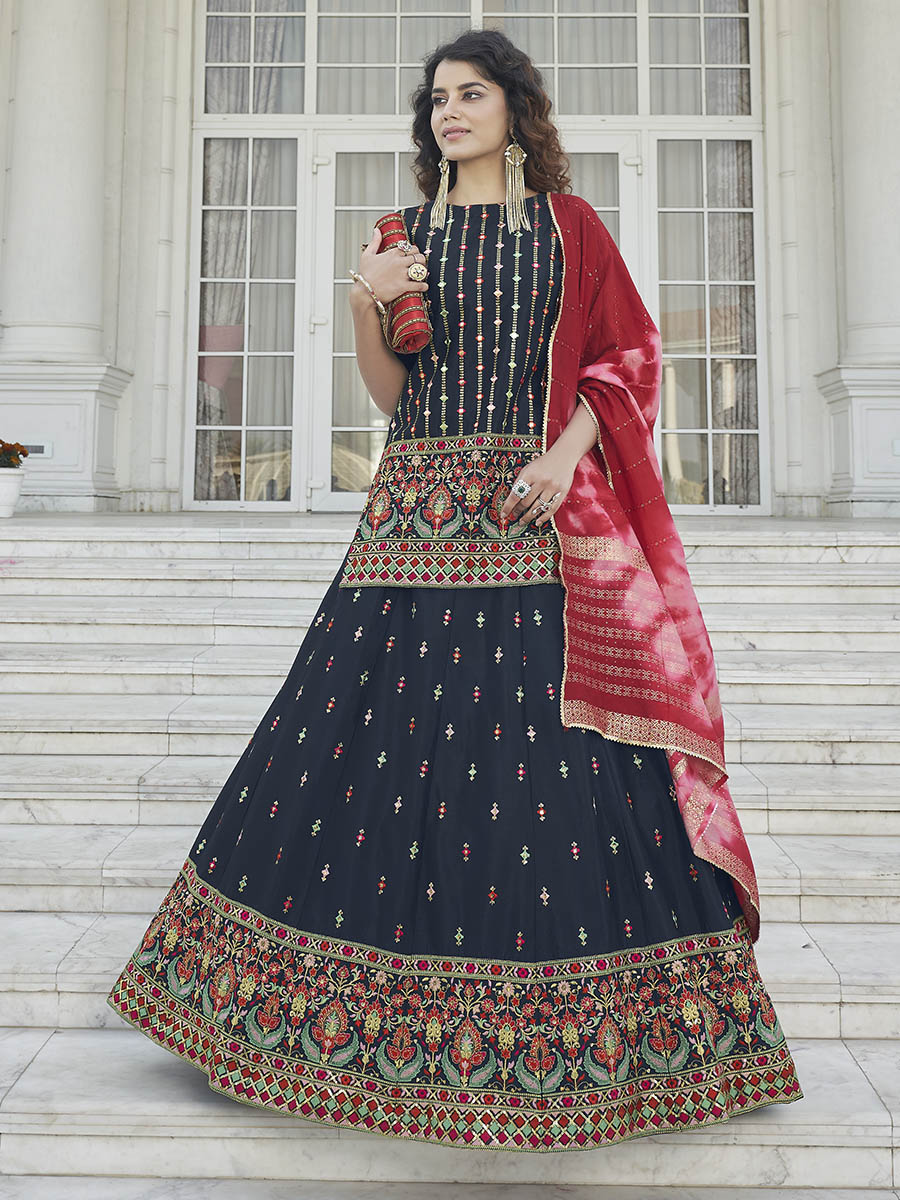 Myra Navy Blue - Pink Embroidered Designer Lehenga - Distacart